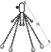 HIT chain sling quality grade 8, 4-leg, can be shortened with extra-large suspension link and safety load hook